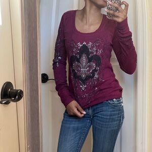 Miss Me Burgundy Long Sleeve Tee with Fleur-de-Lis Design